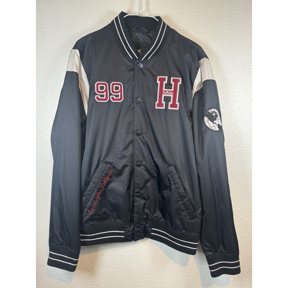 Varsity Bomber Button Up Jacket Hollister 99 Black Los Angeles California Sz M